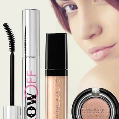 Makeup products and a woman's face with professional makeup