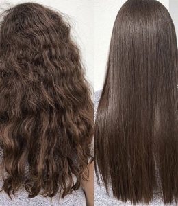 Before after long brunette hair keratin hair treatment